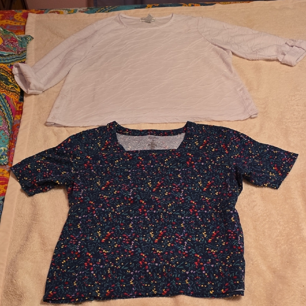 Croft & Barrow Navy Floral Blouse and White Textured Top